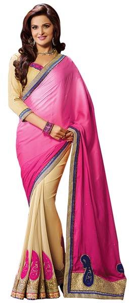 Beige Colour Georgette Embroidered Sarees