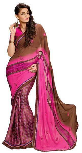 Shonaya Pink & Brown Colour Georgette Embroidered Sarees