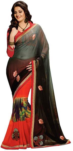 Shonaya Red Colour Georgette Embroidered Sarees with Blouse Pi