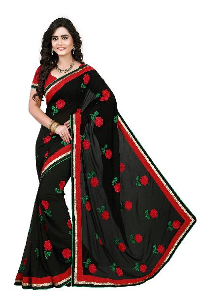 Designer Black Colour  Embroidered Georgette Saree with Blouse MFS-3