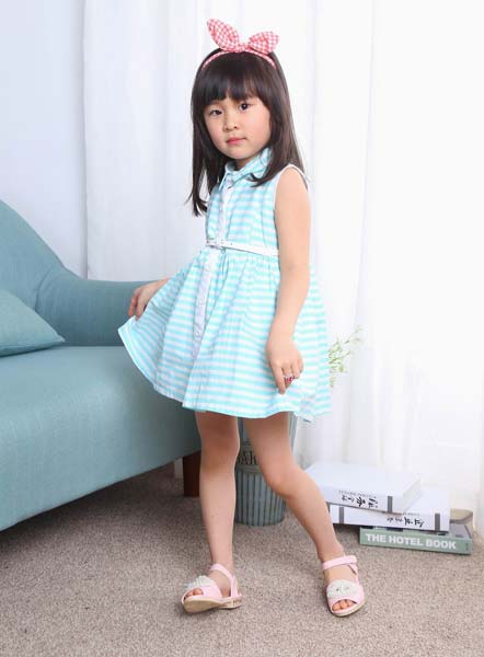 Cotton Blue Party Dress, Pattern : Stripes