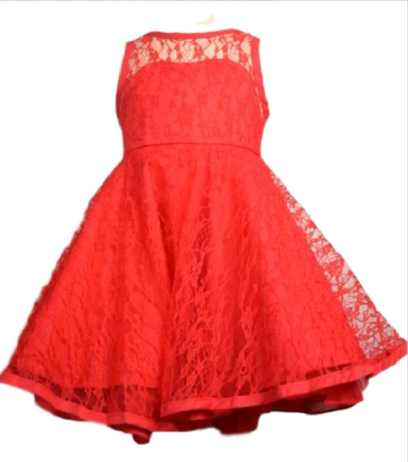 Red Party Dress, Pattern : Floral pattern on the neck