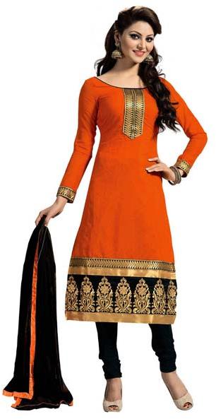 Embrodary Chanderi Dress Materials, Color : Orange