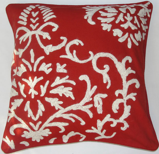 Crewel Pillow Barreoir White On Exotic Red Cotton