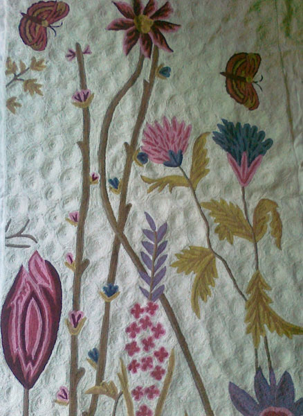 Crewel Rug Floral Vine Butterfly Multi Chain Stitched Wool Rug