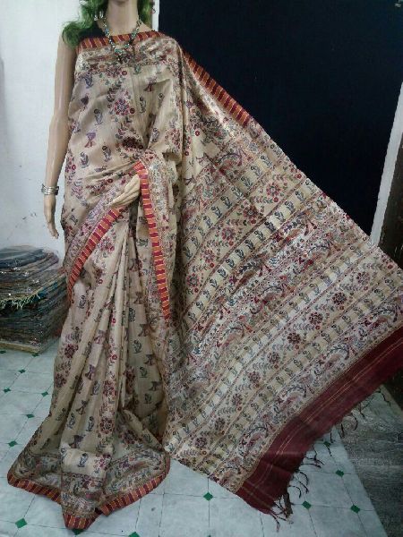 Handloom plan Tussar desi silk sari, Size : 45inch