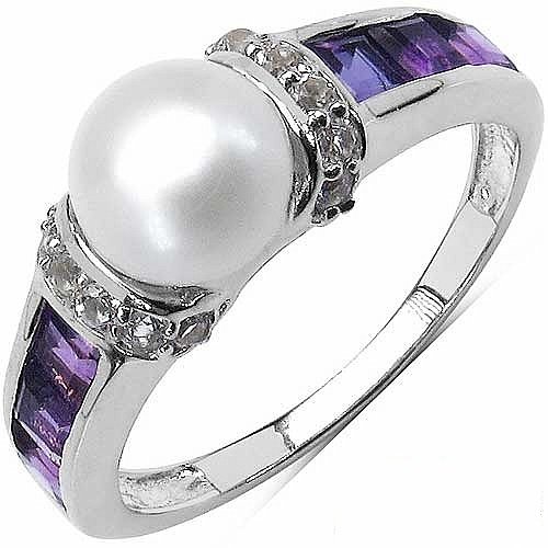 Pearl, Amethyst  CZ Gemstone Ring With 925 Sterling Silver