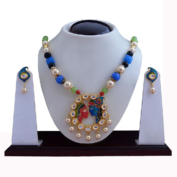 Meenakari Radha krishna Pendant gold plated necklace earring set