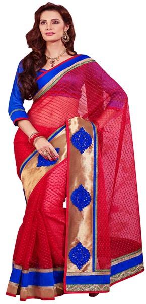 Manjula Red Designer Thousand Butti Art Kora Saree