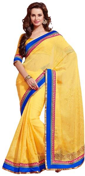 Manjula Yellow Exclusive Designer Suffy Net Jequared Saree