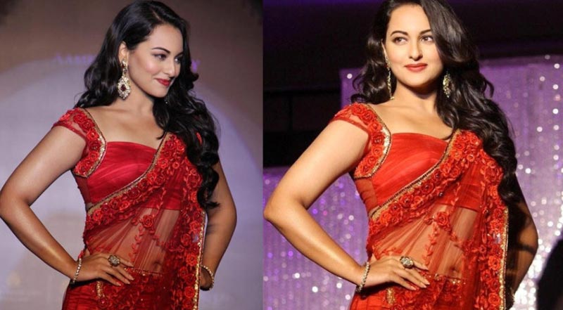 Dazzling Star Sonakshi Sinha Embroidered Red Net Bollywood Replica Sarees