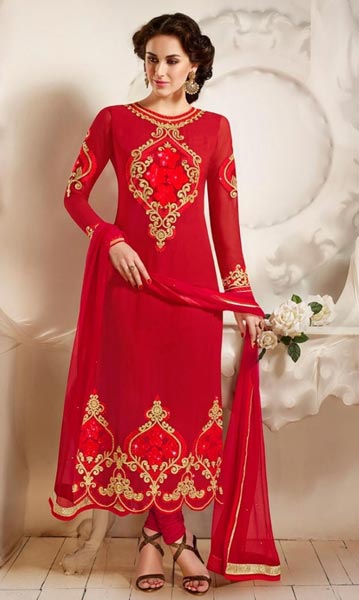 Fabulous Red Embroidered Georgette Straight Salwar Suits