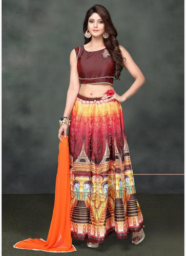 Brown & Multi Color Banglori Silk Printed Lehenga Choli
