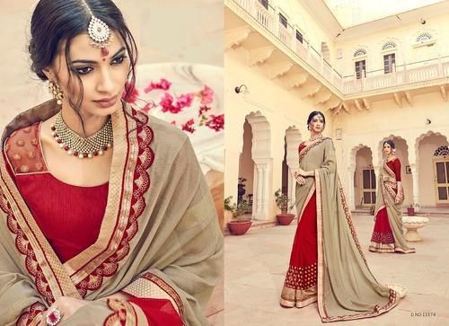 Chikoo & Red Color Embroidered Georgette Sarees