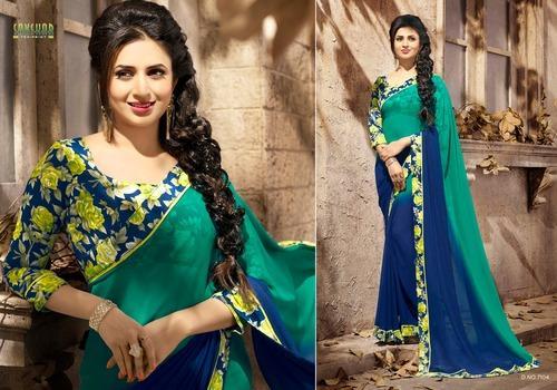 Green & Blue Printed Georgette Sarees