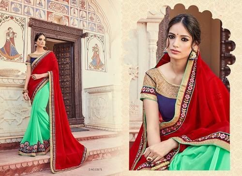 Light Green & Red Color Embroidered Georgette Sarees