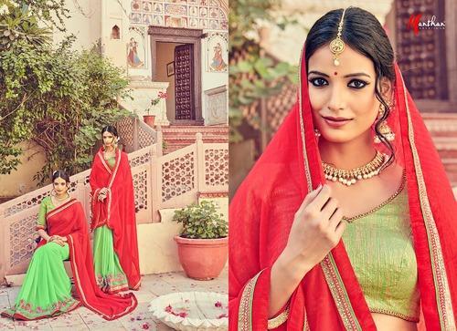 Light Green & Red Color Georgette Embroidery Designer Sarees 9