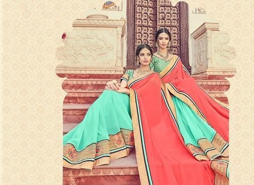 Orange & Aqua Blue Embroidered Georgette Sarees