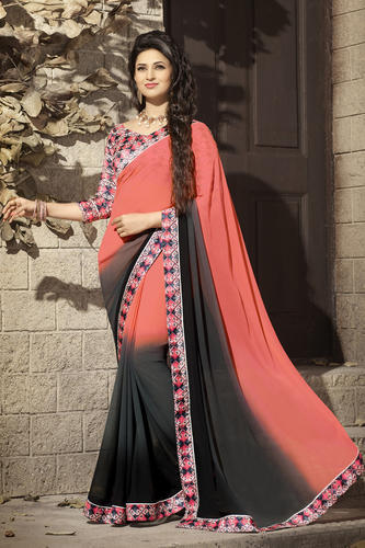 Peach & Black Printed Georgette Sarees