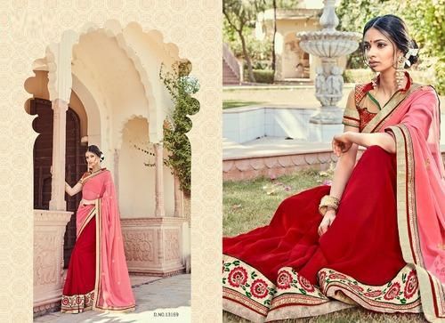 Pink & Red Color Embroidered Georgette Sarees