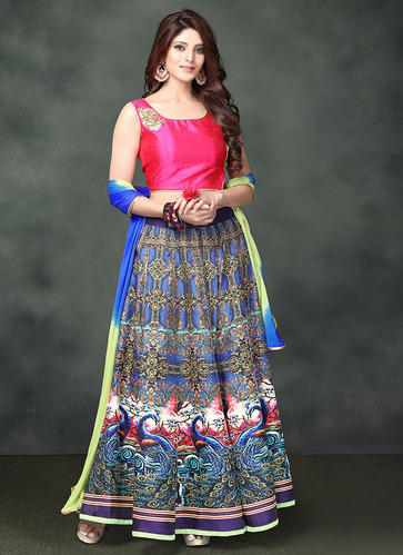 Pink & Blue Multi Color Banglori Silk Printed Lehenga Choli