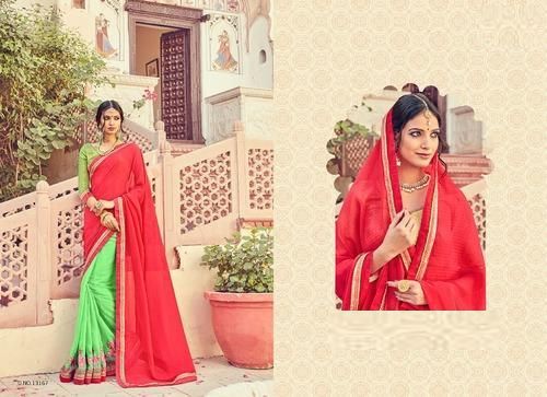 Red & Light Green Embroidered Georgette Sarees