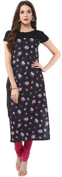 Janasya Women's Black & Pink Printed Crepe Stitched Kurti