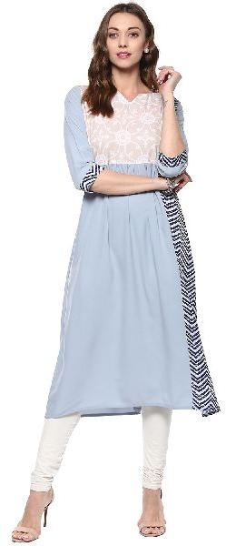 Janasya Women's Light Blue Printed Crepe A-Line Kurti