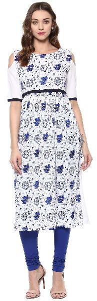 Janasya Women\'s White Printed Crepe A-Line Kurti