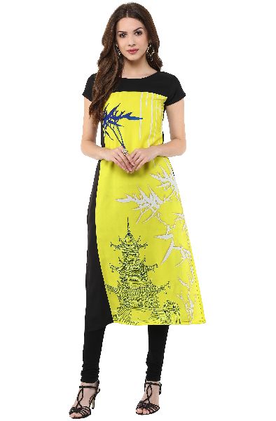 Janasya Women\'s Yellow Digital Printed Crepe Kurti