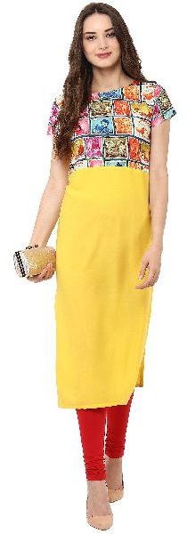 Janasya Women's Yellow Digital Printed Crepe Kurti