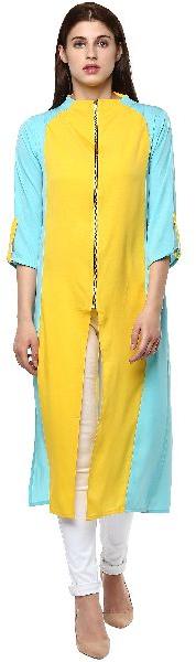 Janasya Women's Yellow & Sky Blue Indo Western Crepe Kurti