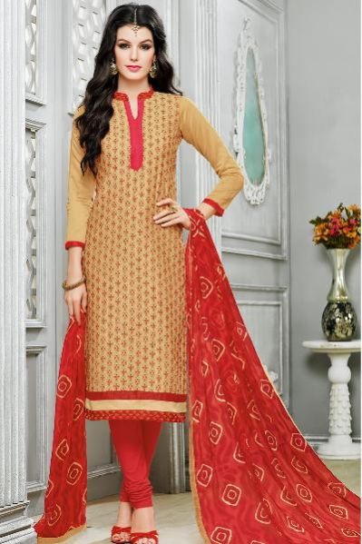 Ladies Flavour Begie Chanderi Cotton Embroidered Unstitched Dress Mate