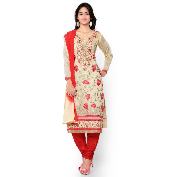 Ladies Flavour Cream Chanderi Embroidered Semi Stitiched salwar Suit