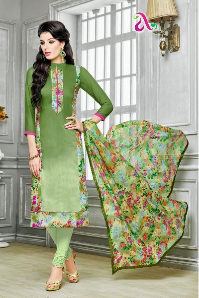 Ladies Flavour Green Chanderi Cotton Embroidered Unstitched Dress Mate