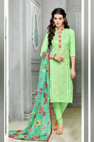 Ladies Flavour Light Green Chanderi Cotton Embroidered Unstitched Dres