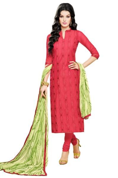 Ladies Flavour Red Chanderi Cotton Embroidered Unstitched Dress Materi