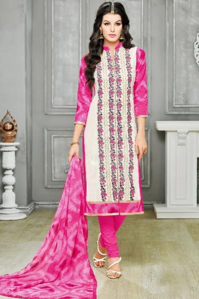 Ladies Flavour White Chanderi Cotton Embroidered Unstitched Dress Mate