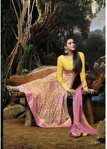 Ladies Party Wear Anarkali Suit, Color : Yellow Pink