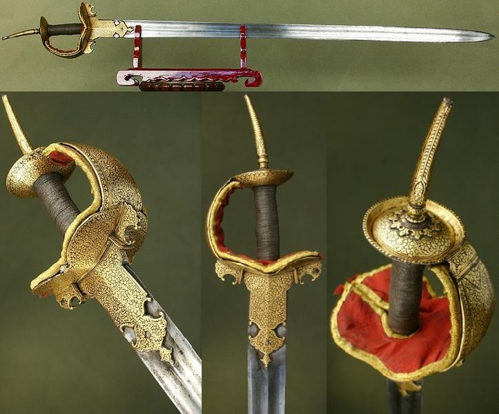 Iron Handcrafted Gold Firangi Swords, for Decoration/ Collectible, Style : Indo-Spanish
