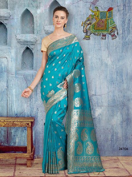 Banarasi Silk Designer Saree, Color : Teal Blue