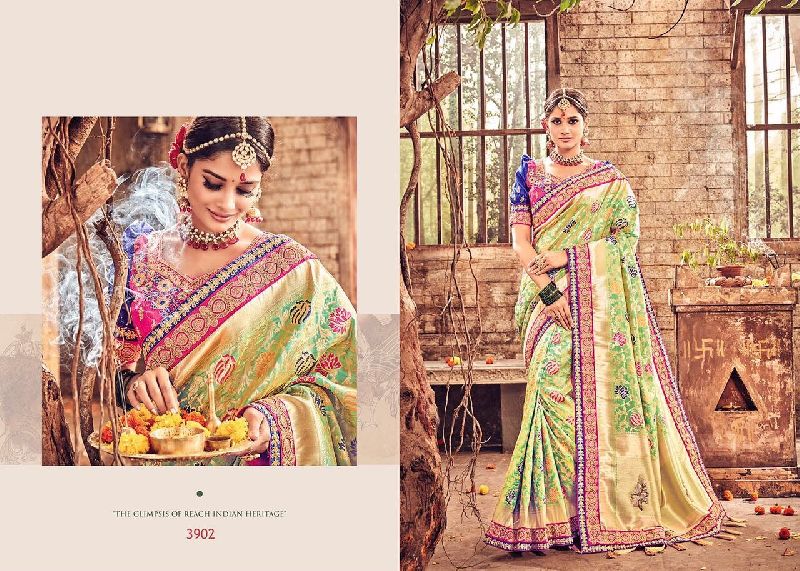 Tranditional Touch Pure Silk Designer Saree, Color : Green