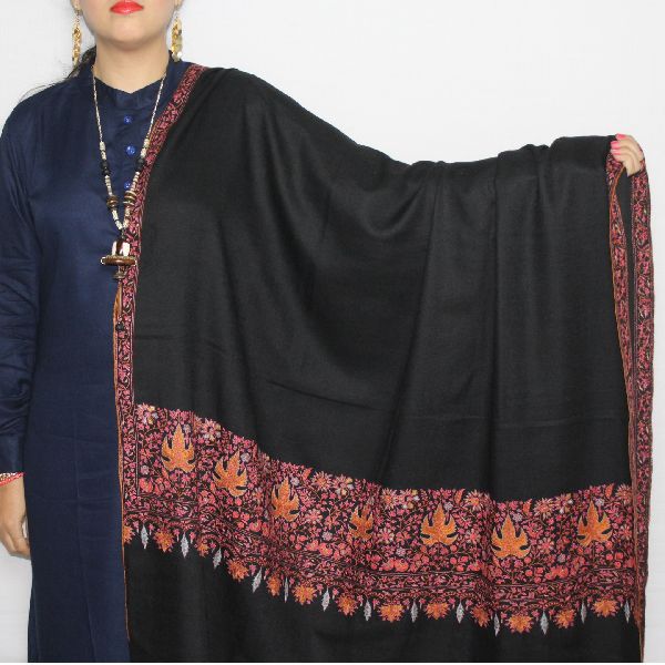 Black Golden-Chinar Paldar Hand Embroidered Pashmina Shawl