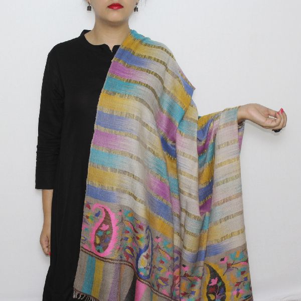 Multicolored Zari-Kani Bordered Pashmina Shawl