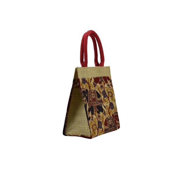 Jute Maroon Elephant Lunch Bag