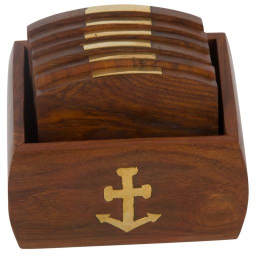 Set of 6 Hand Carved Wooden Bar Coasters & Holder Fine Polished Anchor Embedded