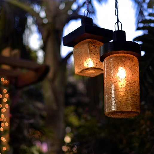 Hanging Lamp with Antique Amber Glass and Wooden Top-set of 2