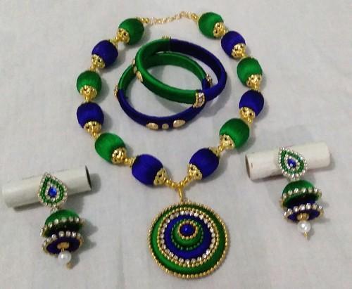 Silk Thread Necklace Set With Kada, Color : Blue green