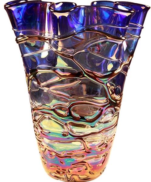Art Glass Metallic Blue Oyster Ripple Art Glass Vase