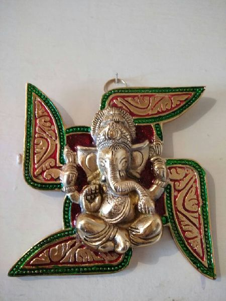 Wall hanging metal swastic ganesha, Color : Golden with Red meena